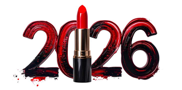 2026 year with red lipstick on a white background. Next to the number, bright red lipstick is placed. Concept happy new year 2026 greetings.