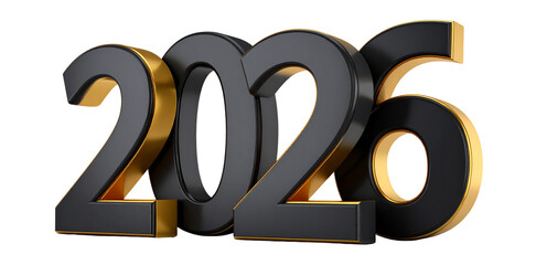 Metallic gold and black 2026 new year design isolated on transparent background