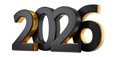 Metallic gold and black 2026 new year design isolated on transparent background