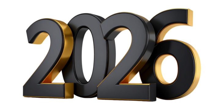 Metallic gold and black 2026 new year design isolated on transparent background