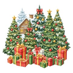 Cozy winter cabin surrounded by decorated christmas trees and gift boxes, isolated on white background