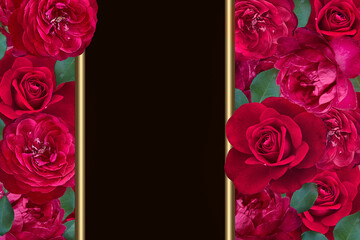 Postcard with red roses on black background with gold frame and copy space.