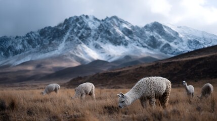 Alpacas graze in a dry golden field with majestic snow capped mountains in the background