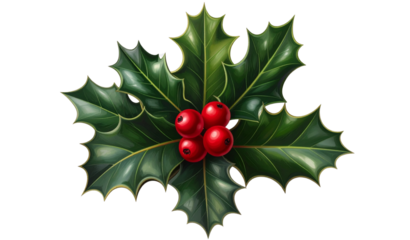 Sprig of holly with red berries isolated on a transparent background
