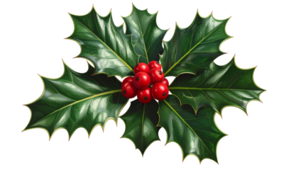 Sprig of holly with red berries isolated on a transparent background