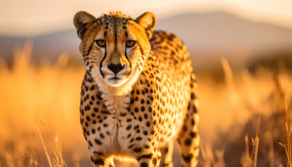 Majestic cheetah portrait in natural habitat with golden hour lighting