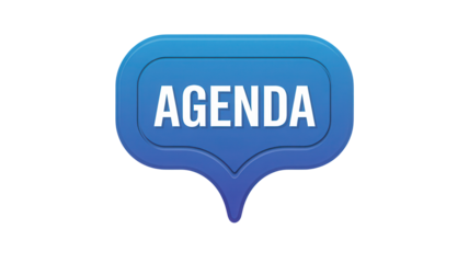 A blue speech bubble icon with the word agenda in white text isolated on transparent background
