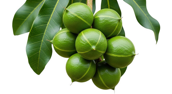 A close-up of a bunch of green shea nuts with leaves isolated on a transparent background