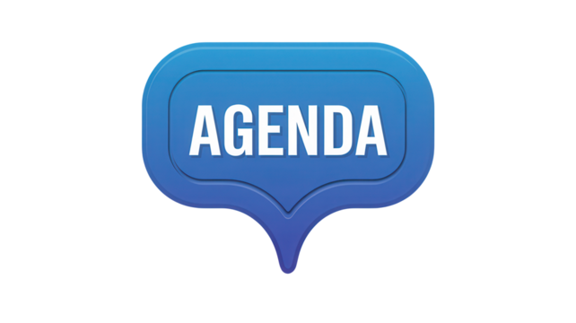 A blue speech bubble icon with the word agenda in white text isolated on transparent background - Powered by Adobe