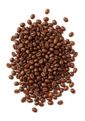 Roasted scattered coffee beans flat lay top view on white background cutout file. Mockup template for artwork. Wallpaper banner4