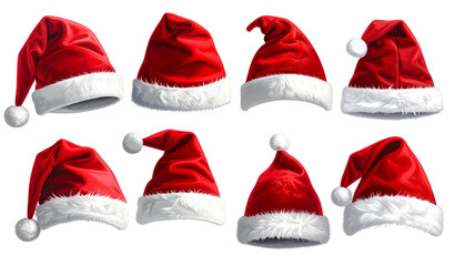 Santa hats collection isolated on a transparent PNG background, white background, cut out