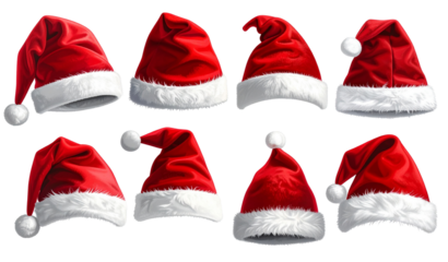 Santa hats collection isolated on a transparent PNG background, white background, cut out
