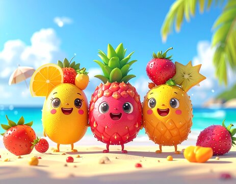 Adorable beach scene with fruit mascots – vibrant 3D cartoon art