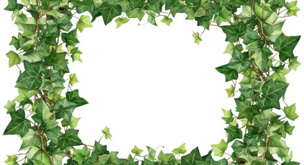 A frame of vibrant green ivy leaves isolated on transparent background. Vibrant green leafy border frame surrounding a dark center area