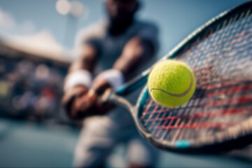 Conceptual image of tennis sport. Close-up tennis ball and racket on background with player in motion blur