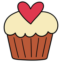 Hand-drawn cartoon cupcake with heart on a white background.