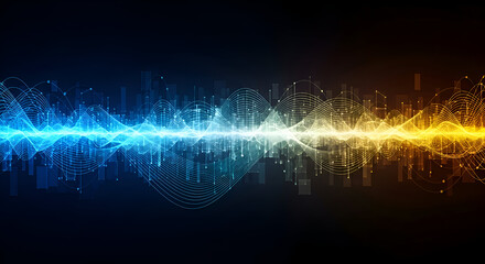 Dynamic abstract waveform background with vibrant blue and gold colors creates a modern energy flow, perfect for technology or science concepts