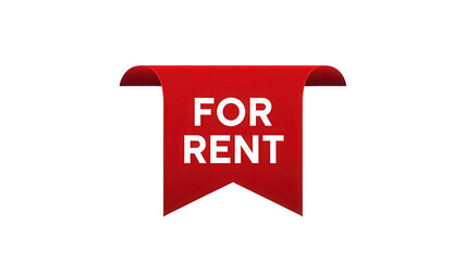 Bright red ribbon banner with white text saying for rent isolated on transparent background