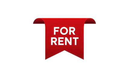 Bright red ribbon banner with white text saying for rent isolated on transparent background