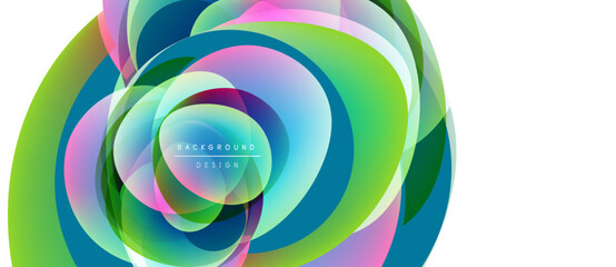 Abstract colorful layers create dynamic circular design. Vibrant hues blend, forming modern visual experience. Text reads background design.