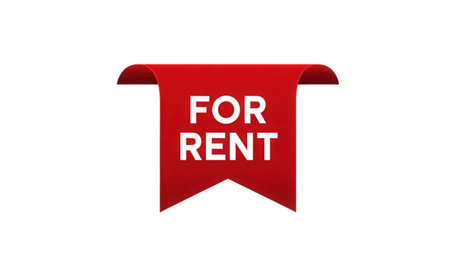Bright red ribbon banner with white text saying for rent isolated on transparent background - Powered by Adobe
