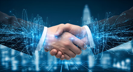 Dynamic business partnership handshake with glowing digital technology overlay signifying innovation and connectivity for modern global success