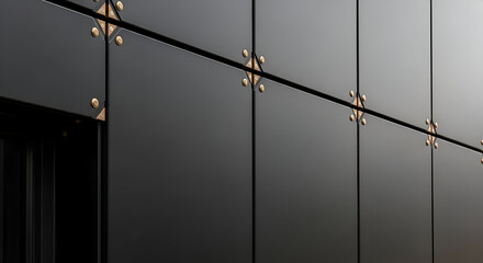 Modern black metal panel facade with brass fasteners creates a sophisticated architectural detail perfect for design inspiration and upscale development projects