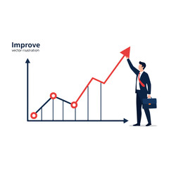 Businessman reaching upwards holding a rising graph arrow symbolizing business growth and financial improvement vector illustration