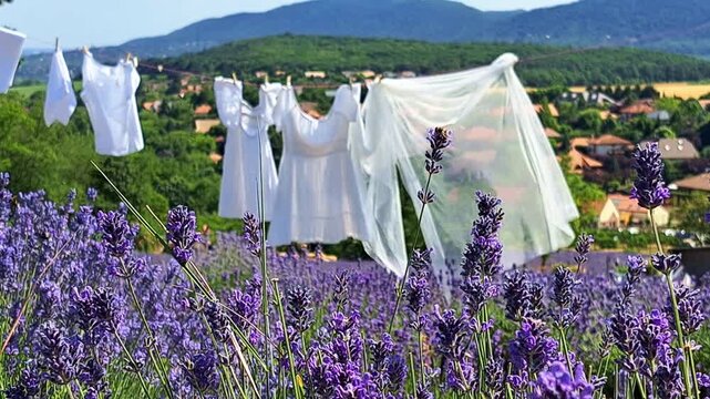 Lavender Scented Laundry. A static shot of fresh linen, lavender flowers, and bees, representing natural fabric softeners and summer aromas.