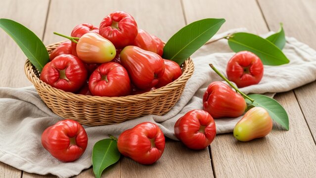 fresh red rose apples (Syzygium samarangense) on a rustic white wooden table.