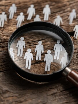high angle view of a magnifying glass on cutout figures on a wooden desk symbolizing teamwork and investigation in a business setting