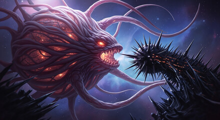 Cosmic Battle: Tentacled Space Monster vs. Spiked Alien Creature in Dark Nebula
