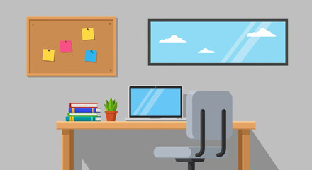 Stylized workspace illustration featuring desk, laptop, books, and office supplies