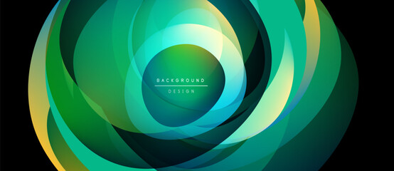 Abstract green design features layered circular shapes. Gradient colors create dynamic visual effect. Modern background element.