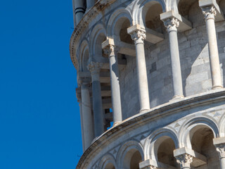 Detailed Architectural CloseUp of the Iconic Leaning Tower of Pisa in Sunny Tuscany Italy