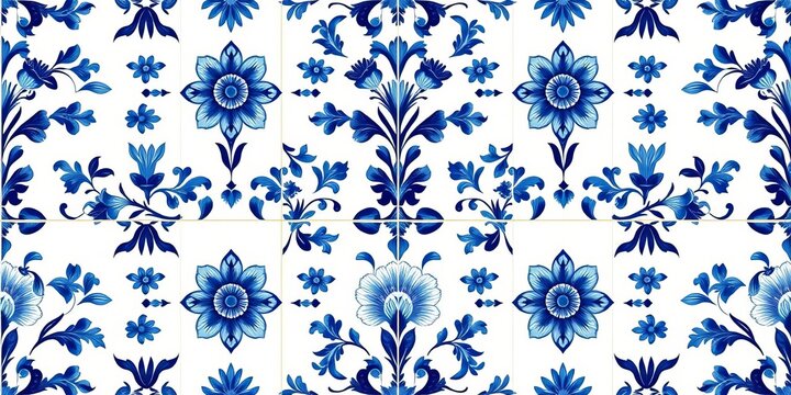 Elegant Delft blue floral pattern, seamless vintage Dutch tile design, Delftware,  retro