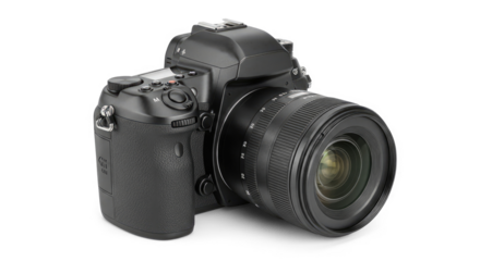 A black camera with a lens and buttons on a png transparent.