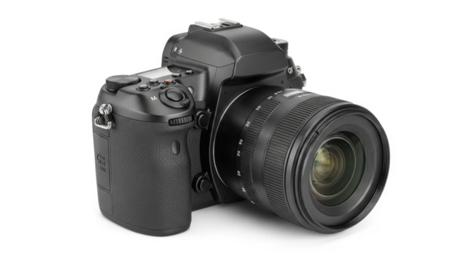 A black camera with a lens and buttons on a png transparent.