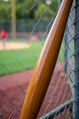 Baseball bat leaning against a chain link fence, empty stadium backdrop A polished wooden baseball bat leans at an angle against a weathered chain link fence. The background is softly blurred, showing