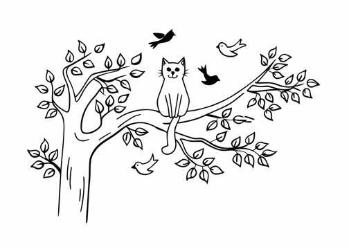 cat on a tree with birds, vectori iicon
