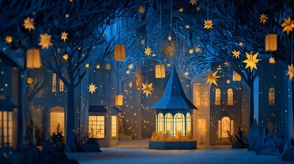 飛び出す絵本、星が輝くクリスマスの夜のペーパークラフト