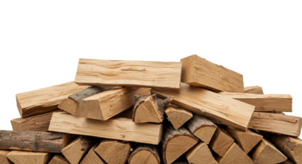 stack of natural wooden logs for various uses white background