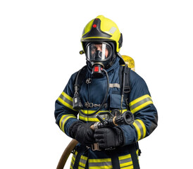 Naklejka premium A firefighter in full gear, holding a hose, standing against a white background.