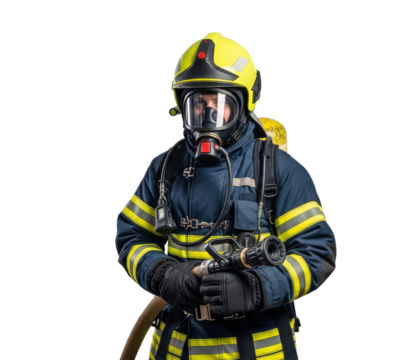 A firefighter in full gear, holding a hose, standing against a white background.