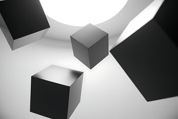 Abstract composition of geometric black cubes floating in a minimalist, softly lit environment with a subtle curved background