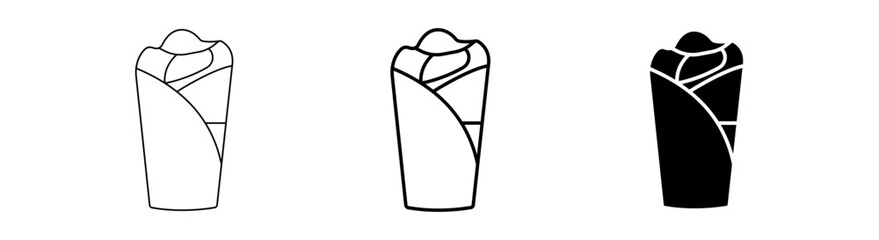 A versatile set of outline and solid style icons depicting a delicious wrapped food item like a burrito, kebab, or shawarma, ideal for menus and fast food concepts.