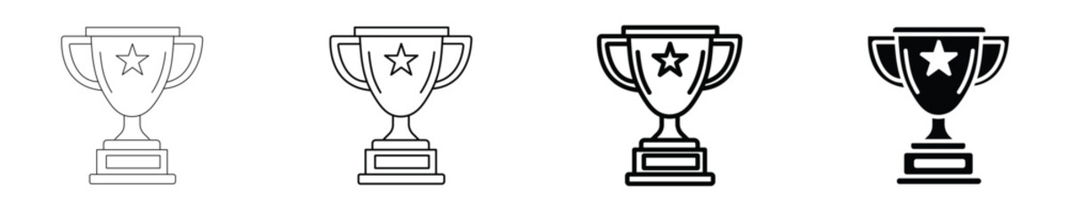 Collection of versatile trophy icons in different line weights and a solid design, ideal for recognizing achievements, victories, and championship awards in various digital projects.