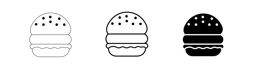 Set of hamburger icons with thin outline, bold line, and solid fill styles, perfect for quick service restaurant menus, food delivery app interfaces, and web design elements.