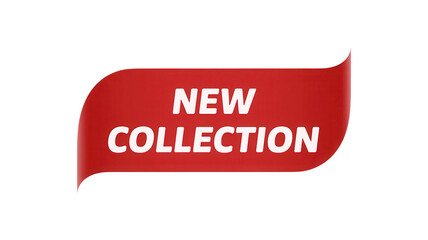 Bold red ribbon banner announcing new collection with white text isolated on transparent background