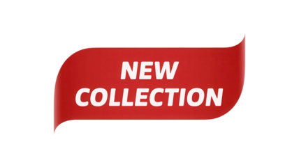Bold red ribbon banner announcing new collection with white text isolated on transparent background